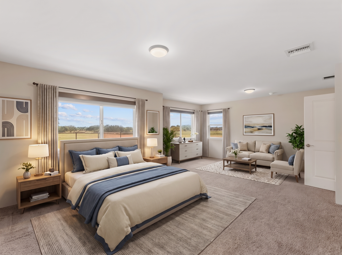 Primary bedroom with sitting area and large windows