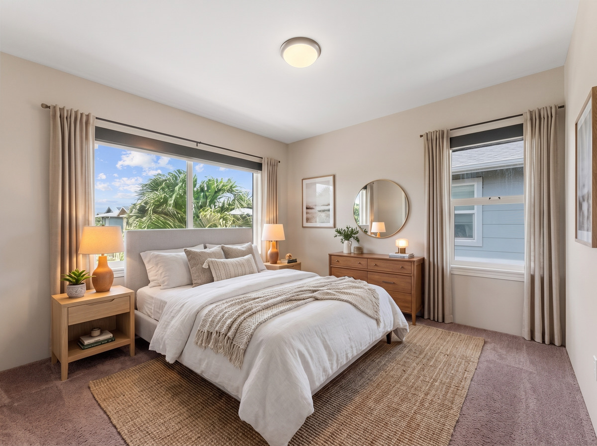 Second bedroom with mirrored closet and palm views