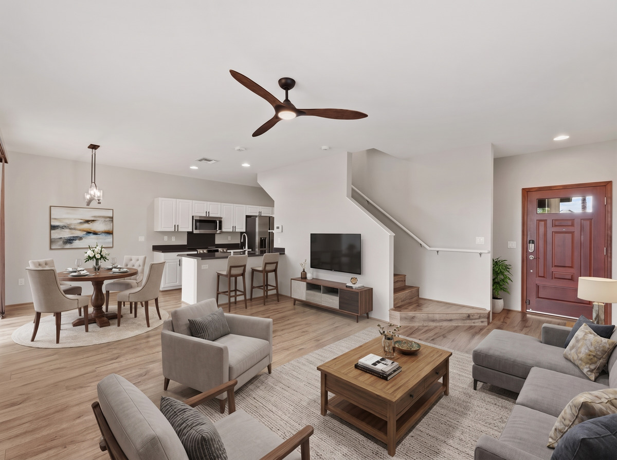 Open-concept living room, dining area and kitchen